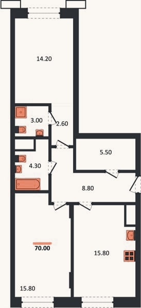 Планировка: 2-к, 70 м²