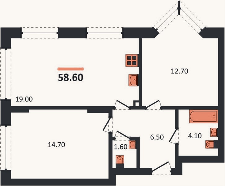 Планировка: 2-к, 58,6 м²