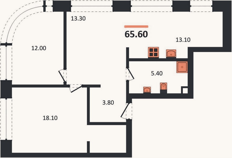 Планировка: 2-к, 65,6 м²