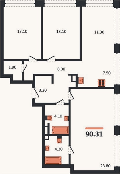 Планировка: 3-к, 90,3 м²