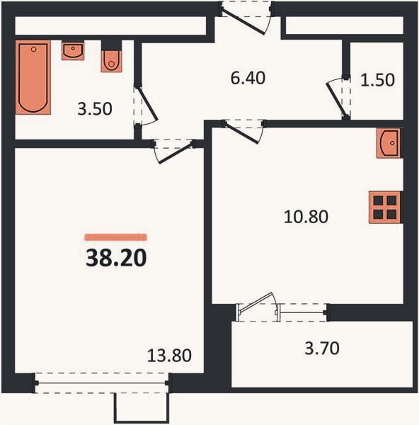 Планировка: 1-к, 38,2 м²