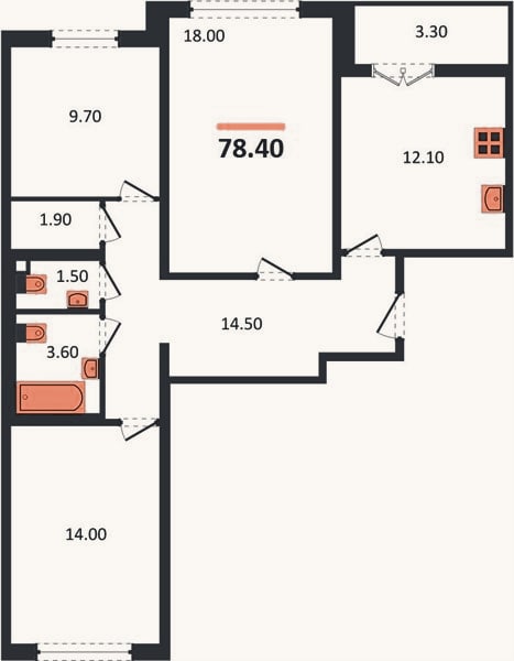 Планировка: 3-к, 77,8 м²
