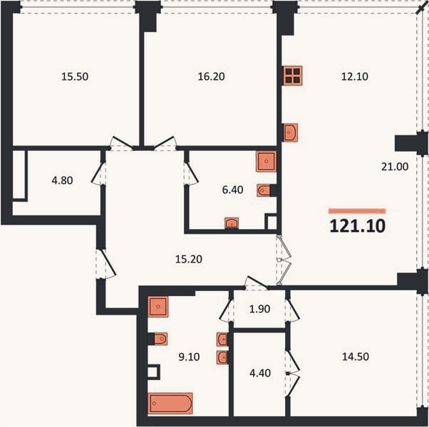 Планировка: 3-к, 121,1 м²