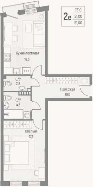 Планировка: 1-к, 51 м²