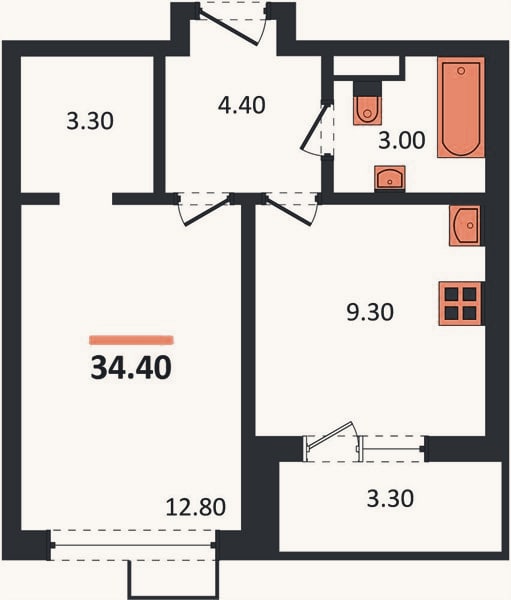 Планировка: 1-к, 34,4 м²