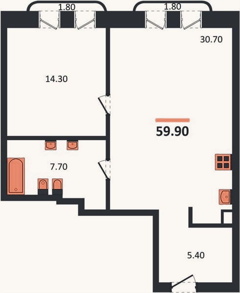 Планировка: 1-к, 59,9 м²