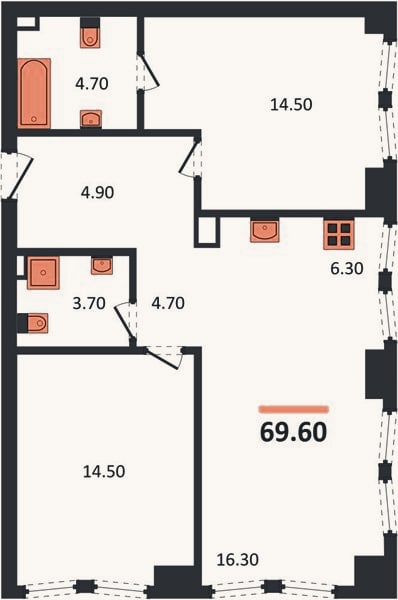 Планировка: 2-к, 69,6 м²