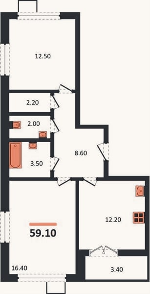 Планировка: 2-к, 59,1 м²