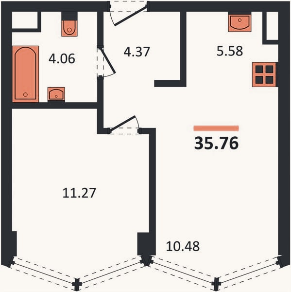 Планировка: 1-к, 35,8 м²