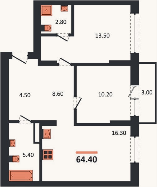 Планировка: 2-к, 64,4 м²