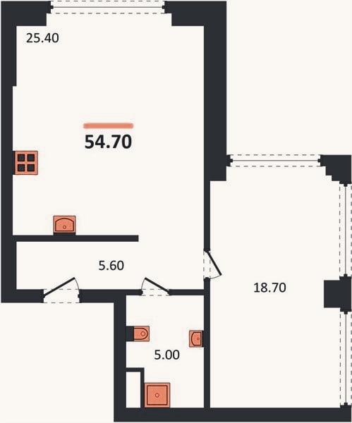 Планировка: 1-к, 54,7 м²