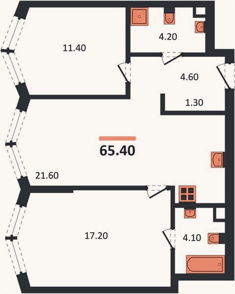 Планировка: 2-к, 65,4 м²