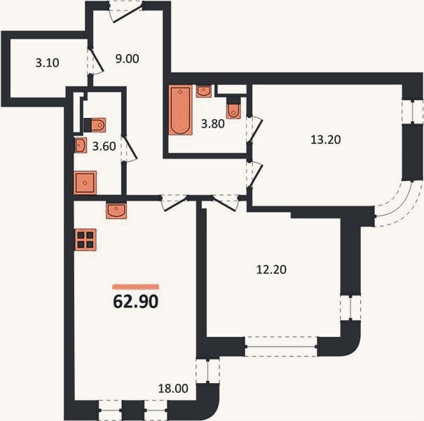 Планировка: 2-к, 62,9 м²