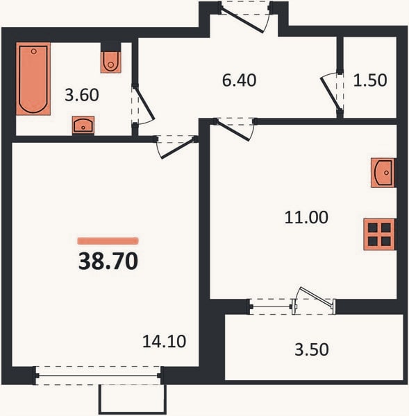 Планировка: 1-к, 38,7 м²