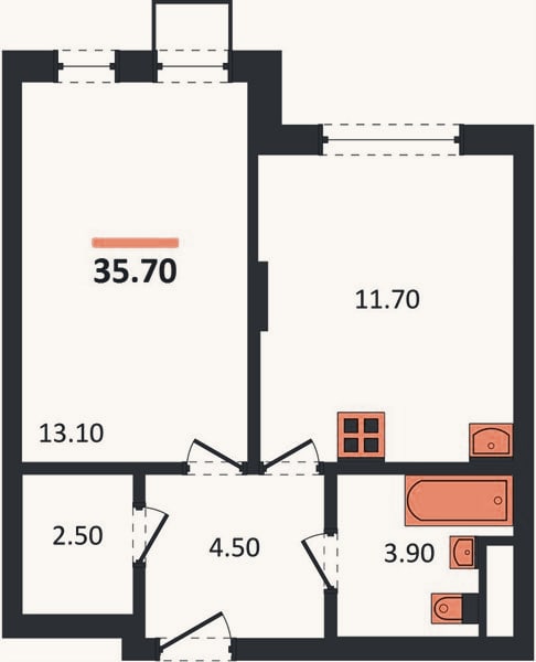 Планировка: 1-к, 35,7 м²
