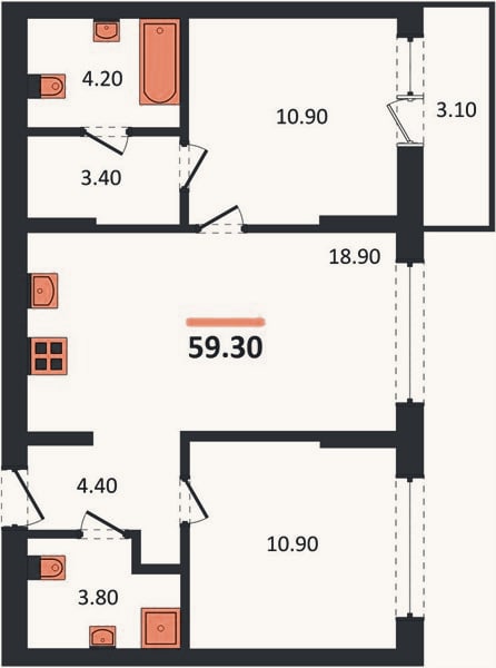 Планировка: 2-к, 59,3 м²