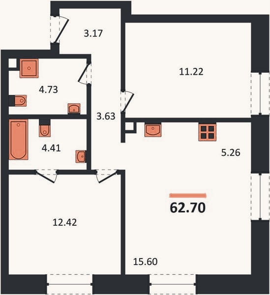 Планировка: 2-к, 62,7 м²