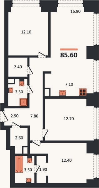 Планировка: 3-к, 85,6 м²