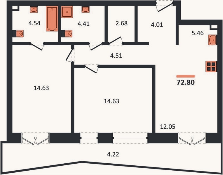 Планировка: 2-к, 72,8 м²