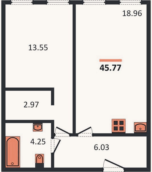 Планировка: 1-к, 45,8 м²