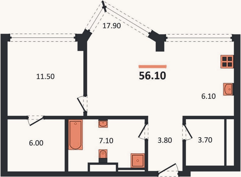 Планировка: 1-к, 56,1 м²