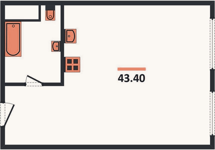 Планировка: 1-к, 43,4 м²