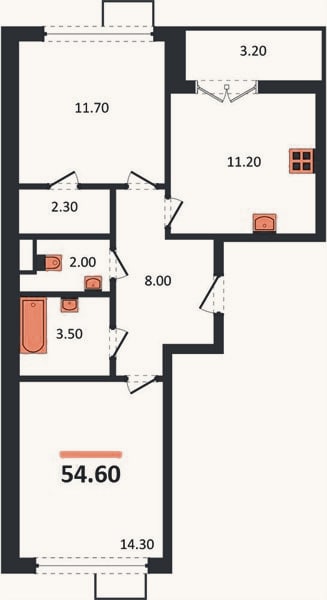 Планировка: 2-к, 54,6 м²