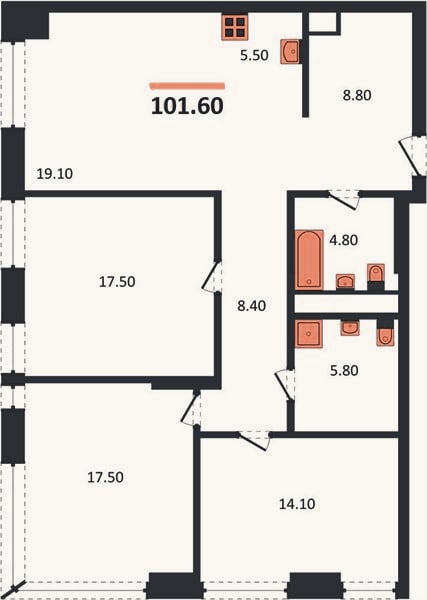 Планировка: 3-к, 101,6 м²