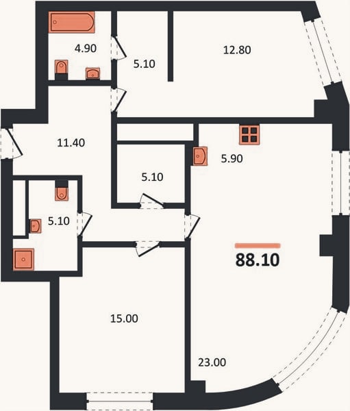 Планировка: 2-к, 88,1 м²