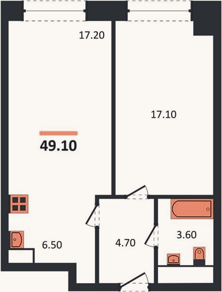 Планировка: 1-к, 49,1 м²