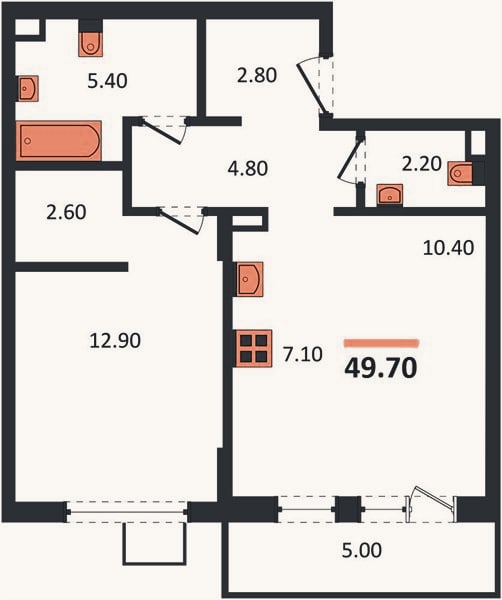 Планировка: 1-к, 49,7 м²