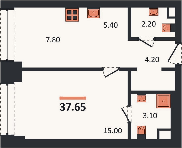 Планировка: 1-к, 37,7 м²