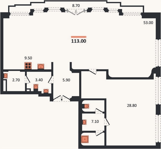 Планировка: 1-к, 113 м²