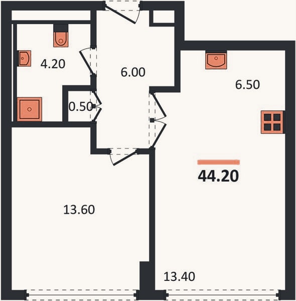 Планировка: 1-к, 44,2 м²