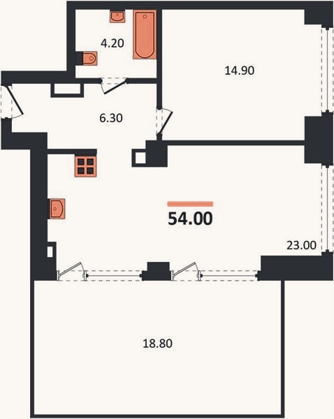 Планировка: 1-к, 54 м²