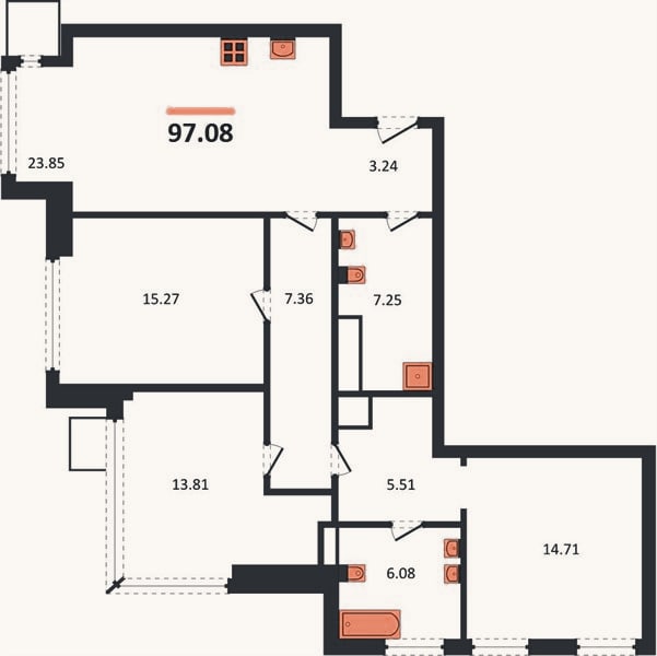 Планировка: 3-к, 97,1 м²