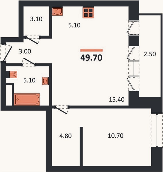 Планировка: 1-к, 49,7 м²