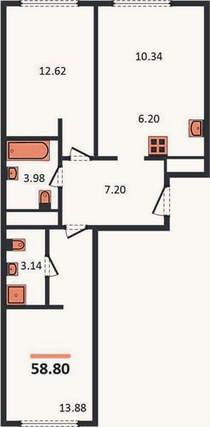 Планировка: 2-к, 58,8 м²