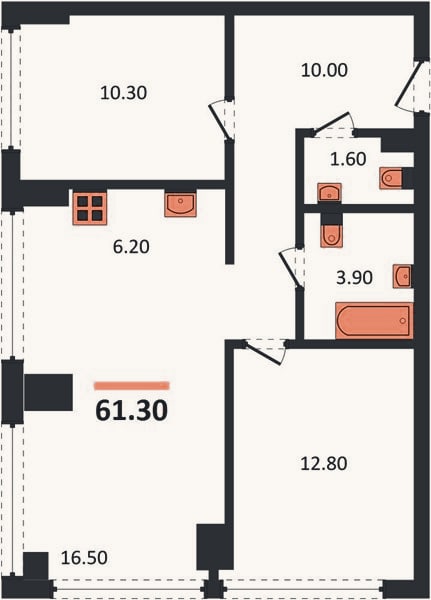 Планировка: 2-к, 61,3 м²