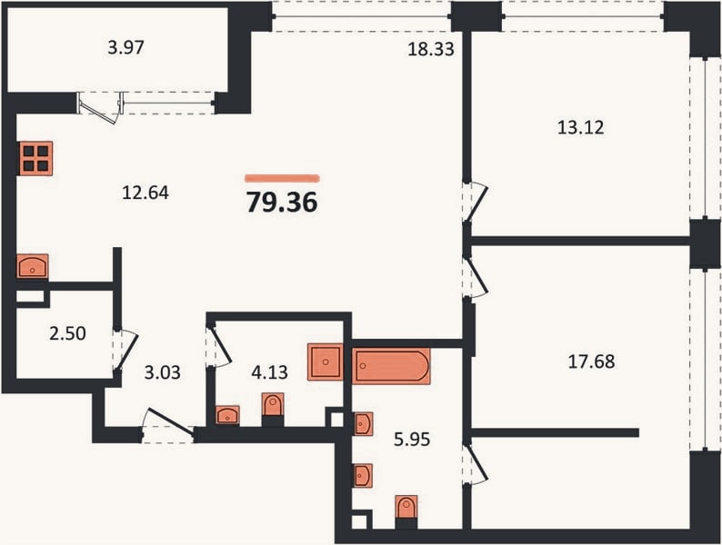 Планировка: 2-к, 79,4 м²
