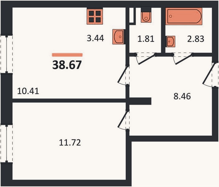 Планировка: 1-к, 38,7 м²