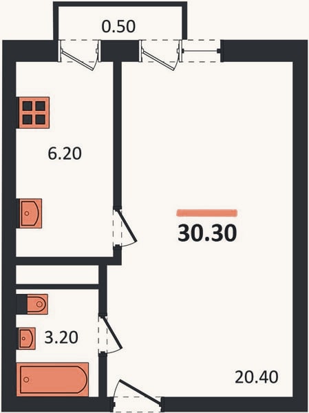 Планировка: 1-к, 30,3 м²