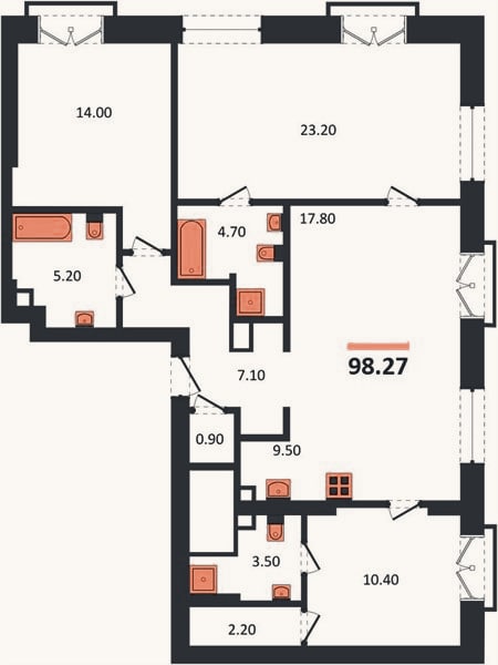 Планировка: 3-к, 98,3 м²