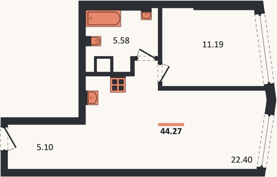 Планировка: 1-к, 44,3 м²