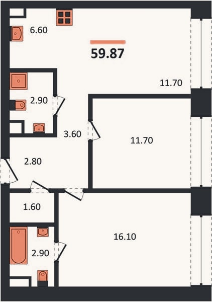Планировка: 2-к, 59,9 м²