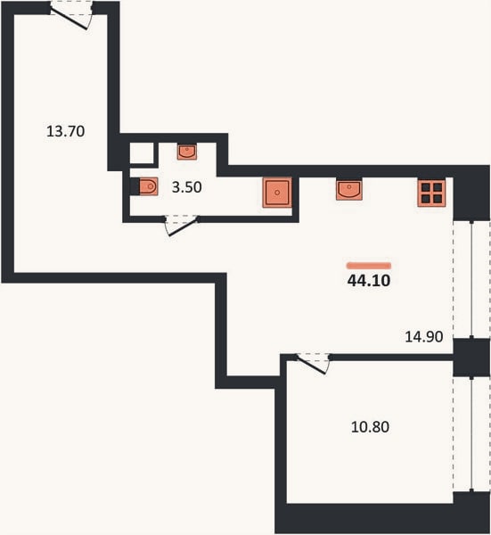 Планировка: 1-к, 44,1 м²