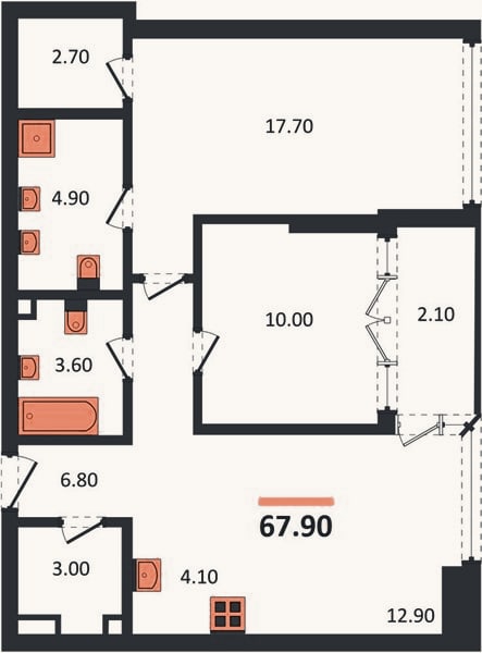 Планировка: 2-к, 67,9 м²