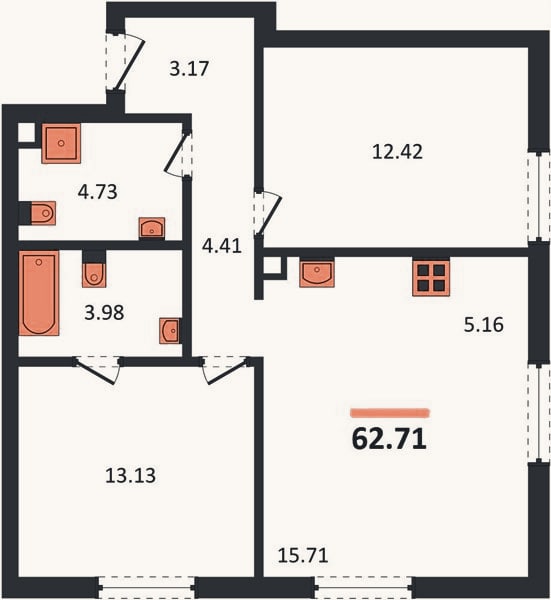 Планировка: 2-к, 62,7 м²