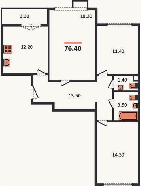 Планировка: 3-к, 76,4 м²