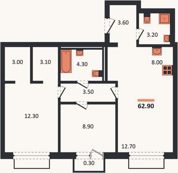 Планировка: 2-к, 62,9 м²